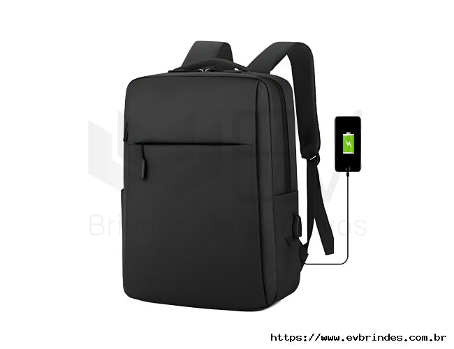Mochila Executiva Preta USB com Zper Frontal e Espao para Notebook