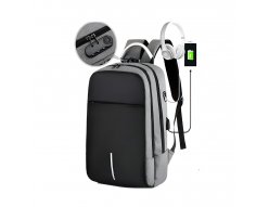 Mochila Executiva Cinza USB com Cadeado Zper Frontal e Traseiro Cabo de Metal