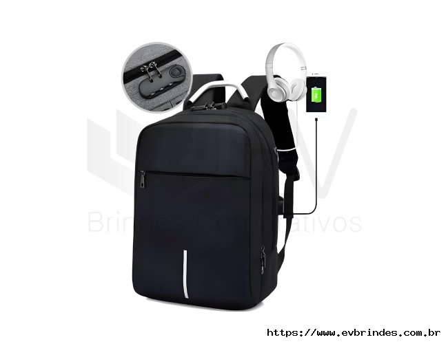 Mochila Executiva Preta USB com Zper Frontal, Cabo de Metal e Zper Traseiro